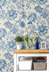 Bernadette Jacobean French Blue by French Country Matte Nonwoven Floral Wallpaper – Seabrook Designs FC60402