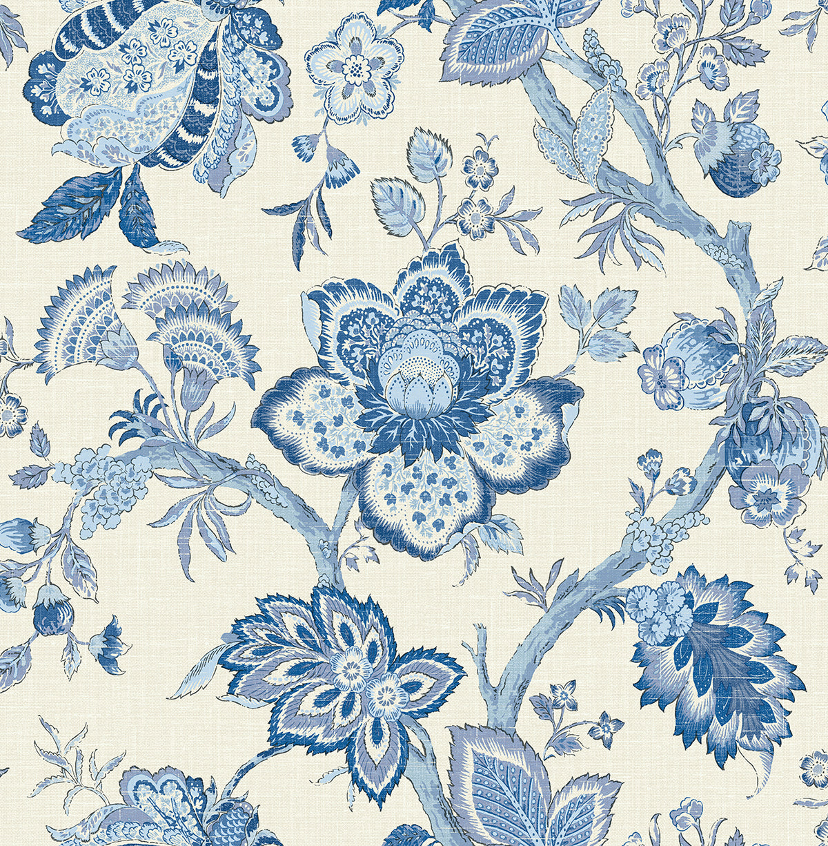 Bernadette Jacobean wallpaper pattern in French Blue (floral jacobean design)