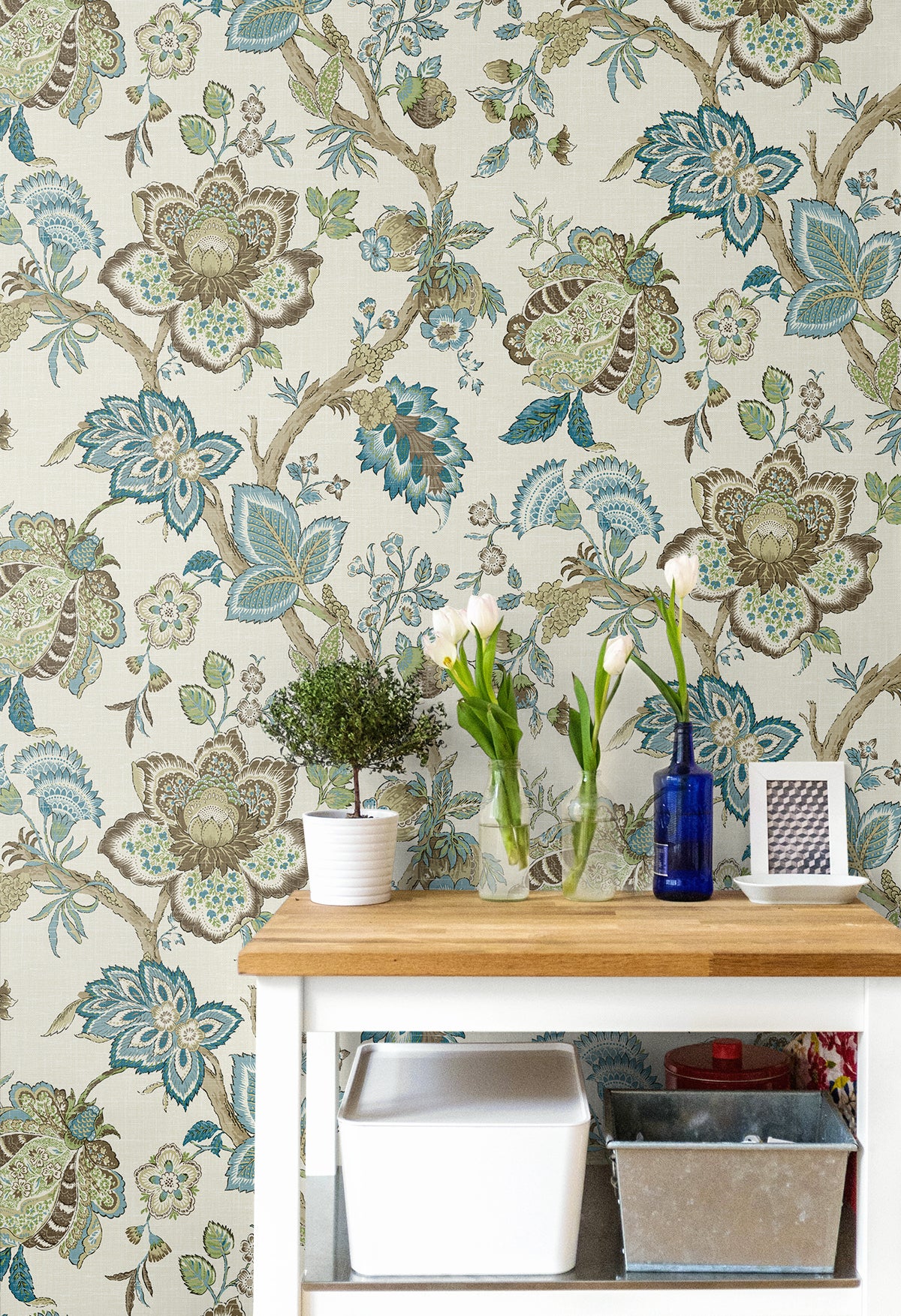 Bernadette Jacobean Hickory Smoke & Blue Bell by French Country Jacobean Floral Wallpaper – Seabrook Designs FC60406