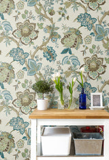 Bernadette Jacobean Hickory Smoke & Blue Bell by French Country Jacobean Floral Wallpaper – Seabrook Designs FC60406