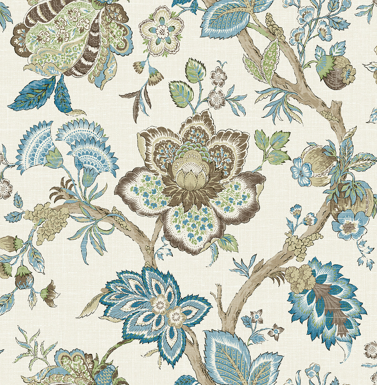 Bernadette Jacobean floral branch wallpaper in Hickory Smoke and Blue Bell on a neutral ground