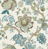 Bernadette Jacobean floral branch wallpaper in Hickory Smoke and Blue Bell on a neutral ground