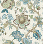 Bernadette Jacobean floral branch wallpaper in Hickory Smoke and Blue Bell on a neutral ground