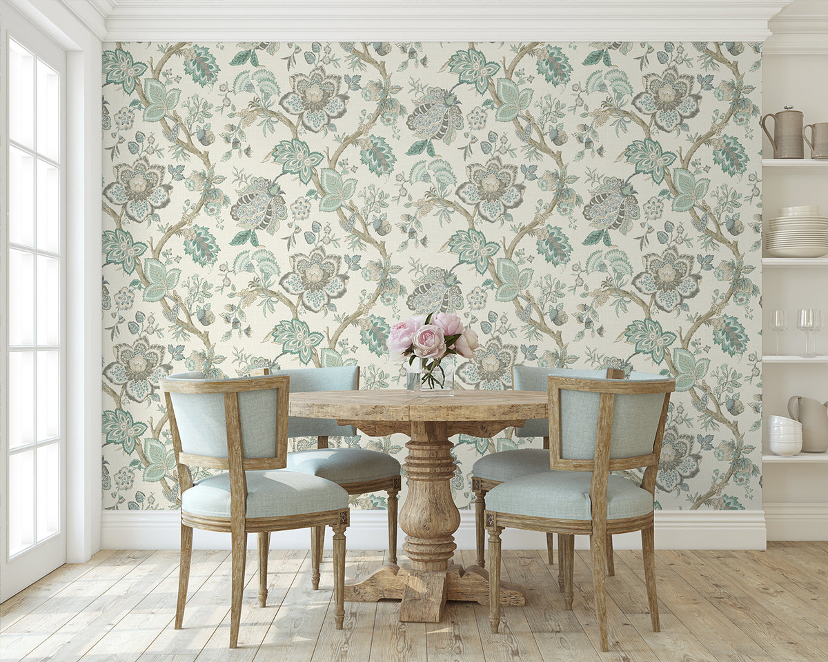 Bernadette Jacobean Summer Sky & French Blue by French Country Floral Wallpaper – Seabrook Designs FC60408 -Sample