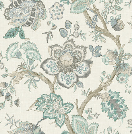 Bernadette Jacobean floral wallpaper in Summer Sky and French Blue