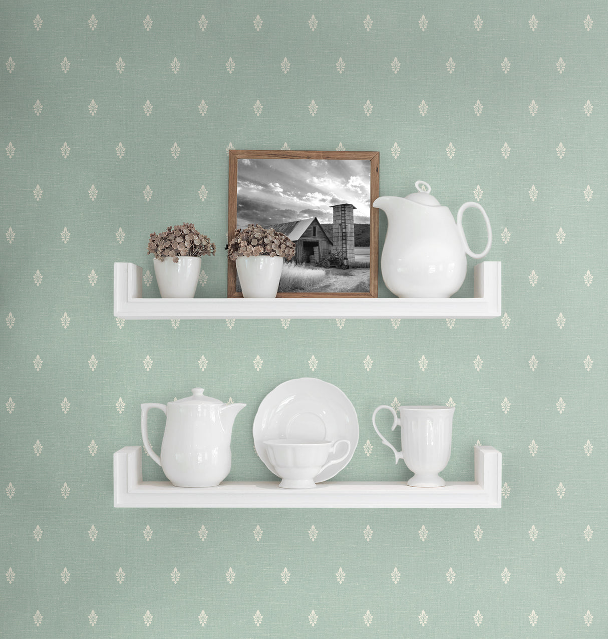 Petite Feuille Sprig Minty Meadow by French Country Sprig Wallpaper – Seabrook Designs FC60612