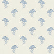 French blue lotus branch floral wallpaper on a light linen-look ground
