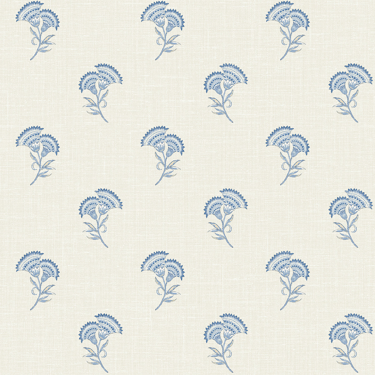 French blue lotus branch floral wallpaper on a light linen-look ground