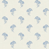 French blue lotus branch floral wallpaper on a light linen-look ground