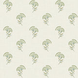 Lotus Branch Floral wallpaper pattern in washed green and herb on a soft neutral ground