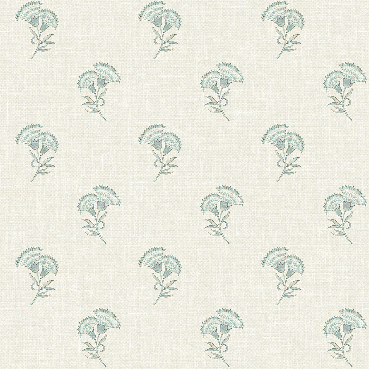 Lotus Branch Floral wallpaper in Minty Meadow and French Grey with a linen-like ground.