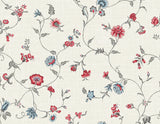 Florale Trail wallpaper in Antique Ruby and French Blue with delicate floral vines on a warm neutral background