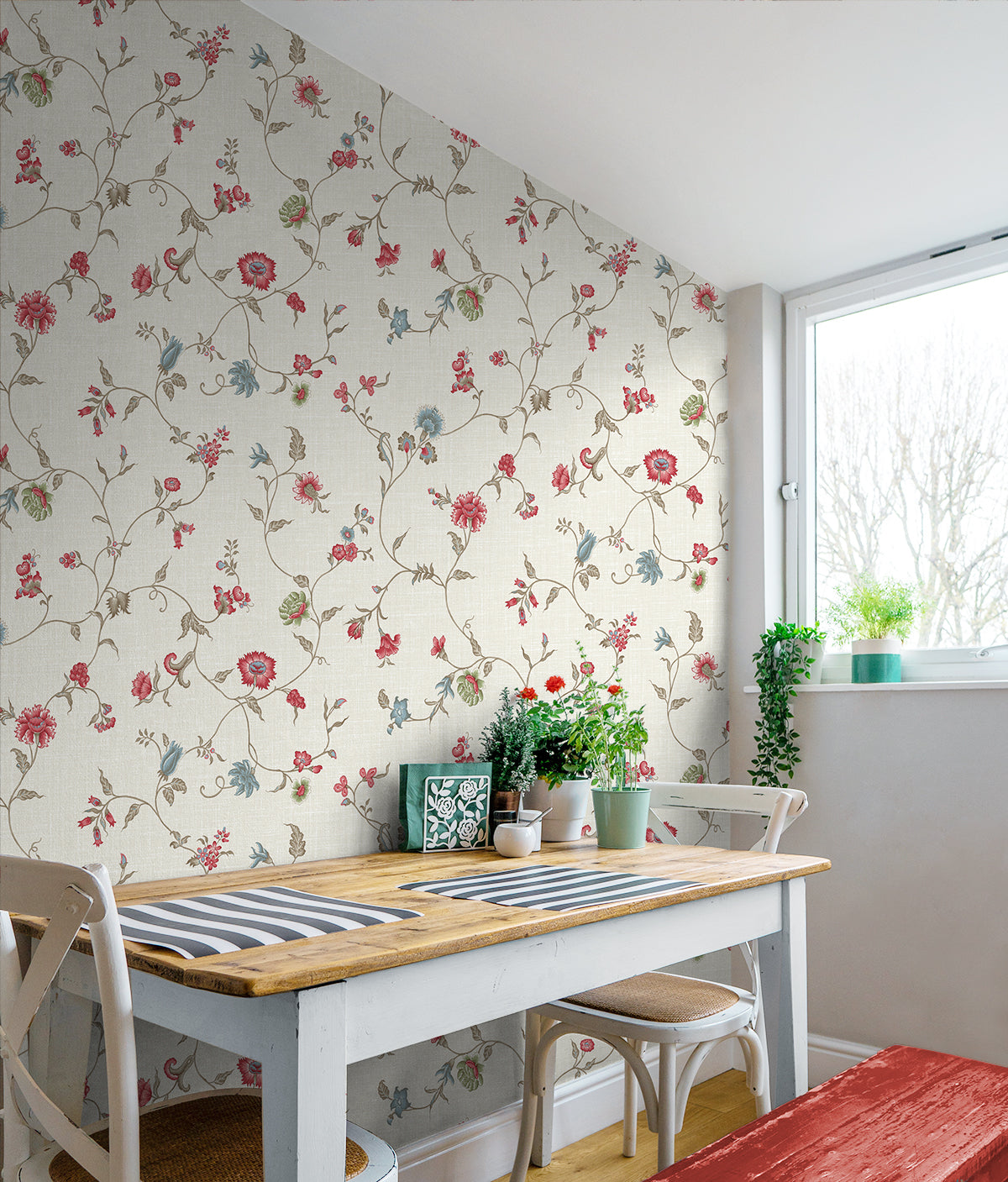 Florale Trail Cranberry & Blue Bell by French Country Floral Vine Wallpaper – Seabrook Designs FC61004