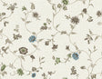 Florale Trail wallpaper in greige with blue bell floral vine trail pattern on a linen-look ground.