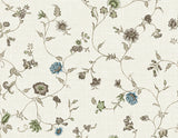 Florale Trail wallpaper in greige with blue bell floral vine trail pattern on a linen-look ground.