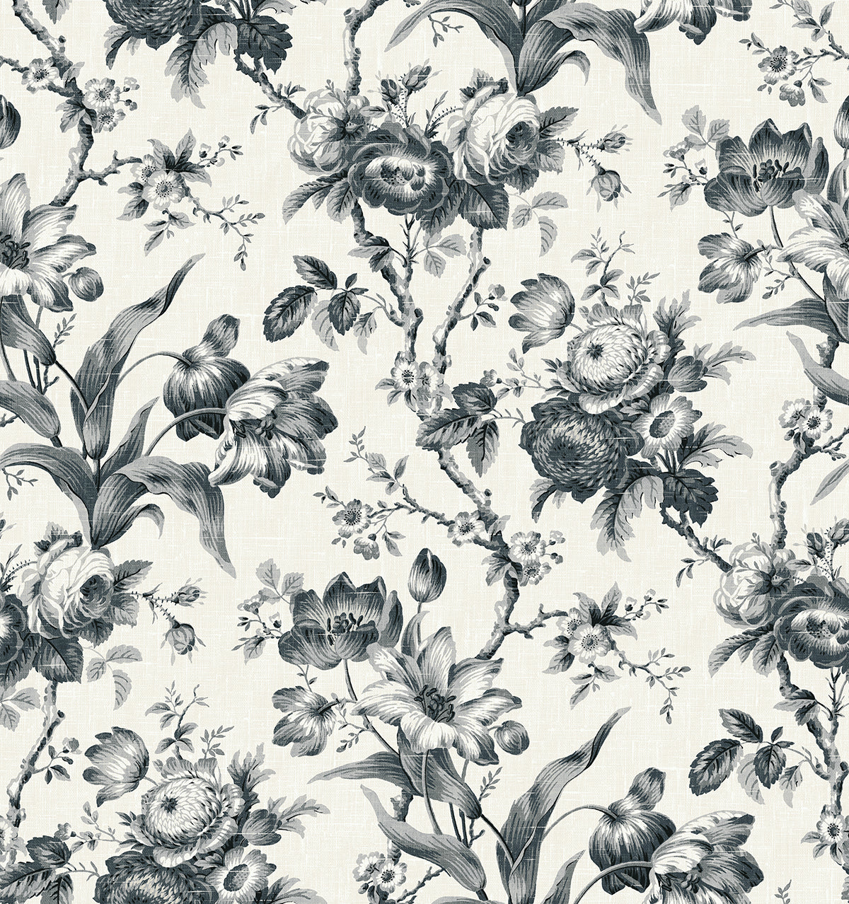 En Rose “Poppy Seed” floral wallpaper in black and grey on an off-white ground