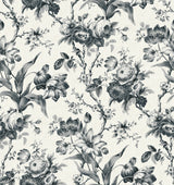 En Rose “Poppy Seed” floral wallpaper in black and grey on an off-white ground