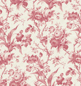 En Rose wallpaper in cranberry floral toile pattern on a light linen-look ground