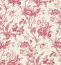 En Rose wallpaper in cranberry floral toile pattern on a light linen-look ground
