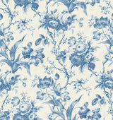 En Rose wallpaper in Blue Bell colorway with blue floral toile-style design
