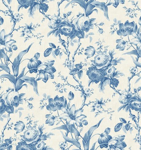 En Rose wallpaper in Blue Bell colorway with blue floral toile-style design
