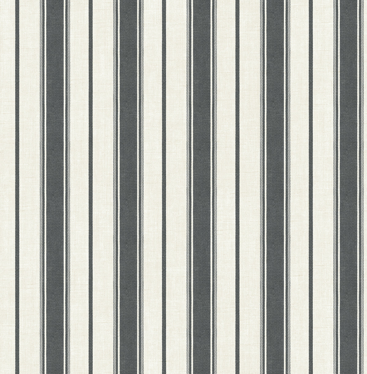 Eliott Linen Stripe wallpaper in Poppy Seed (black and ivory linen-look vertical stripes)