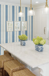 Eliott Linen Stripe Blue Bell by French Country Stripe Wallpaper – Seabrook Designs FC61502