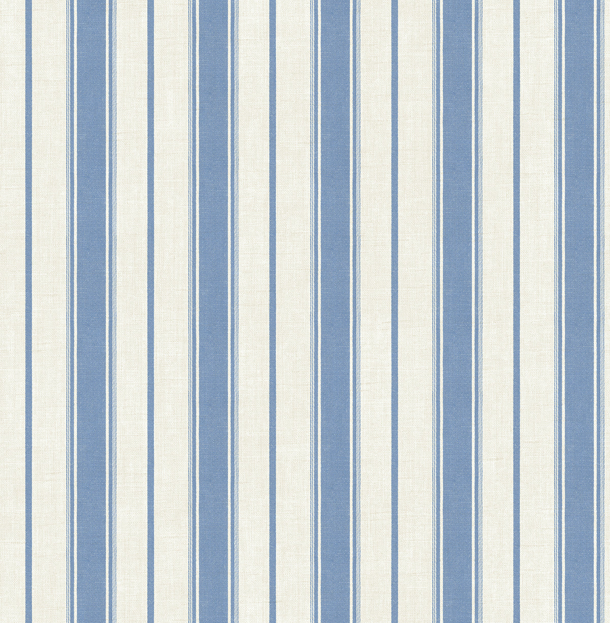 Blue and off-white linen-textured vertical stripe wallpaper