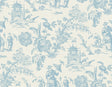 Colette Chinoiserie wallpaper in Bleu Bisque with blue toile-style chinoiserie scene on a light beige ground.
