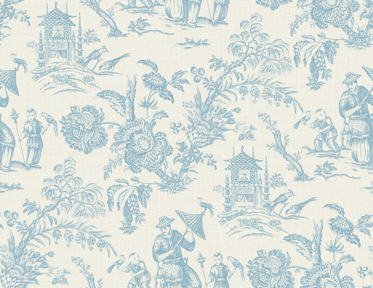 Colette Chinoiserie wallpaper in Bleu Bisque with blue toile-style chinoiserie scene on a light beige ground.