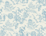 Colette Chinoiserie wallpaper in Bleu Bisque with blue toile-style chinoiserie scene on a light beige ground.