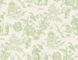 Green chinoiserie toile wallpaper with pagodas, figures, and florals on a light ground