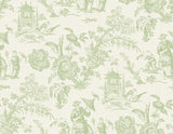 Green chinoiserie toile wallpaper with pagodas, figures, and florals on a light ground