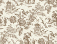 Colette Chinoiserie toile wallpaper in Hickory Smoke brown featuring pagodas, figures, and florals