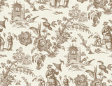Colette Chinoiserie toile wallpaper in Hickory Smoke brown featuring pagodas, figures, and florals