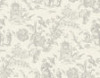 French grey chinoiserie toile wallpaper with pagodas, figures, birds, and floral motifs in a matte finish.