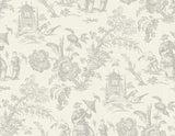 French grey chinoiserie toile wallpaper with pagodas, figures, birds, and floral motifs in a matte finish.