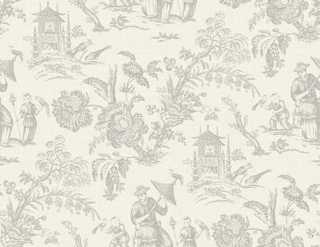 French grey chinoiserie toile wallpaper with pagodas, figures, birds, and floral motifs in a matte finish.