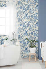 Colette Chinoiserie Denim Wash by French Country Toile Wallpaper – Seabrook Designs FC61812