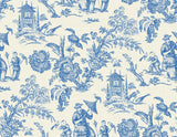 Colette Chinoiserie toile wallpaper in Denim Wash (blue and ivory) with scenic chinoiserie motifs