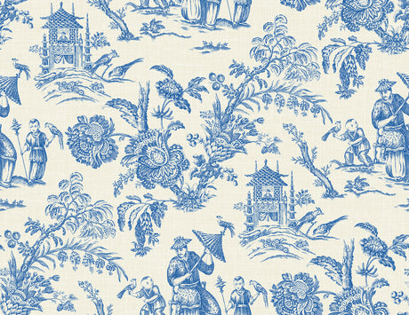 Colette Chinoiserie toile wallpaper in Denim Wash (blue and ivory) with scenic chinoiserie motifs