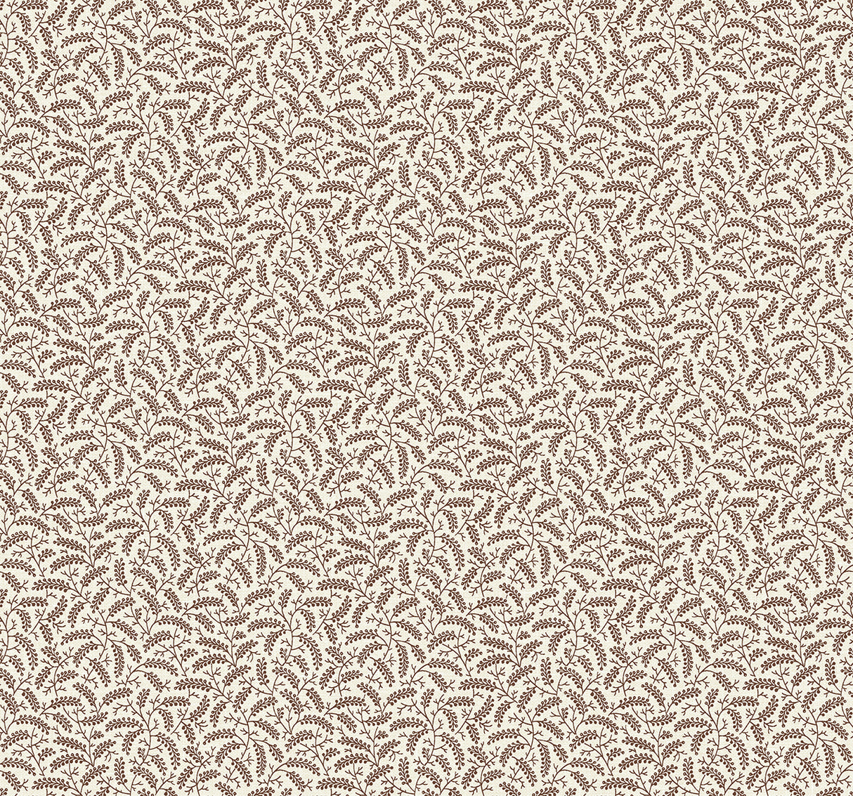 Cossette wallpaper in Hickory Smoke featuring a small-scale botanical vine and sprig pattern in brown on a light ground.