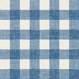 Blue and off-white gingham plaid wallpaper with a woven-linen texture look.