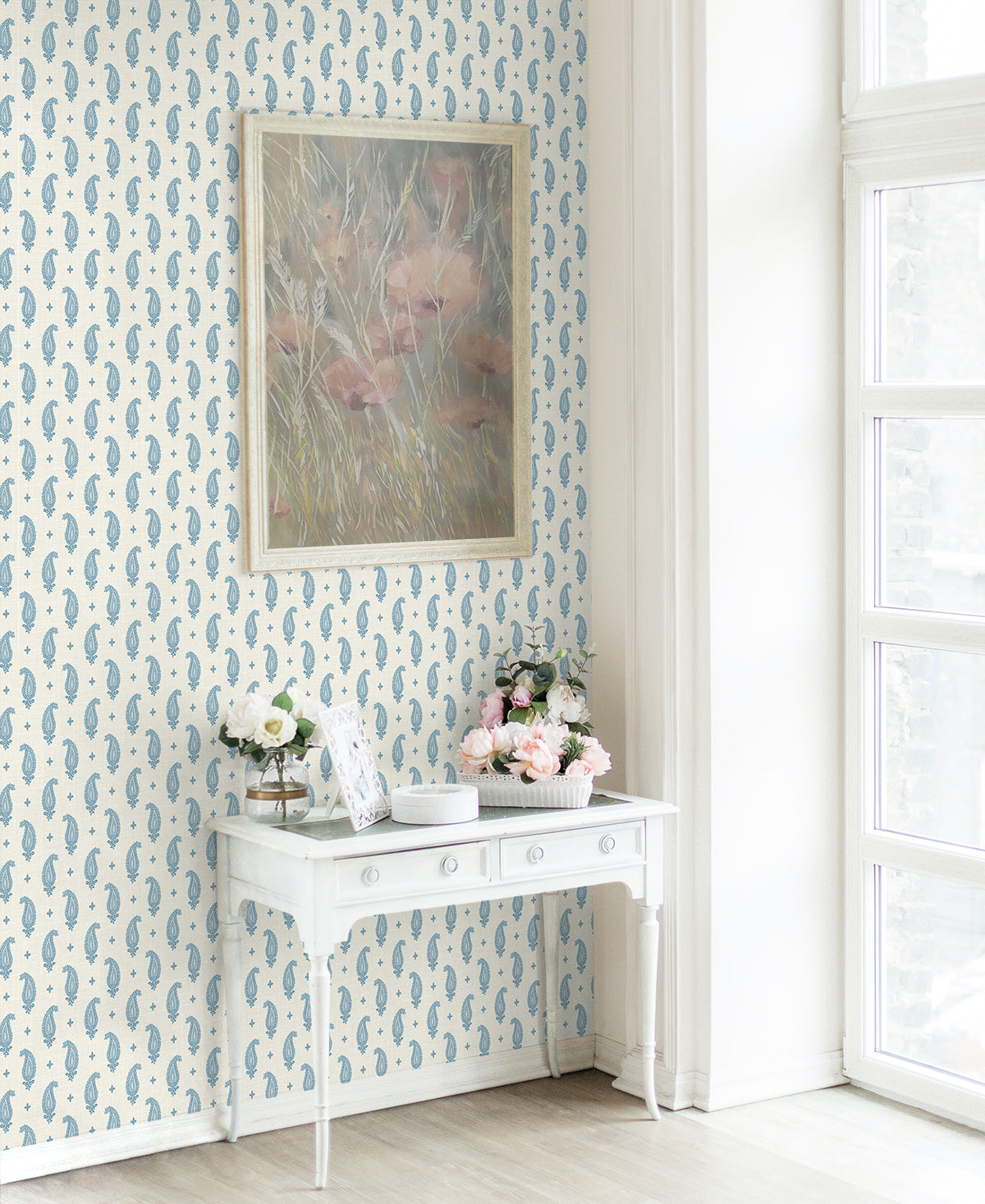 Maia Paisley Bleu Bisque by French Country Botanical Paisley Wallpaper – Seabrook Designs FC62402