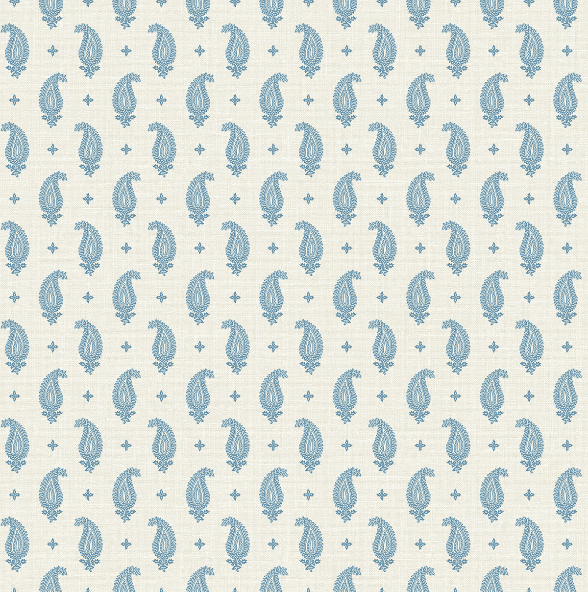 Maia Paisley wallpaper in Bleu Bisque with blue paisley motifs on a light bisque linen-look ground.