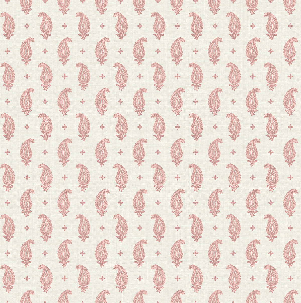 Maia Paisley wallpaper in Rustic Rouge with small pink paisley motifs on a light linen-textured ground.