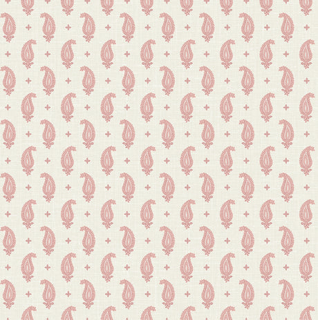 Maia Paisley wallpaper in Rustic Rouge with small pink paisley motifs on a light linen-textured ground.