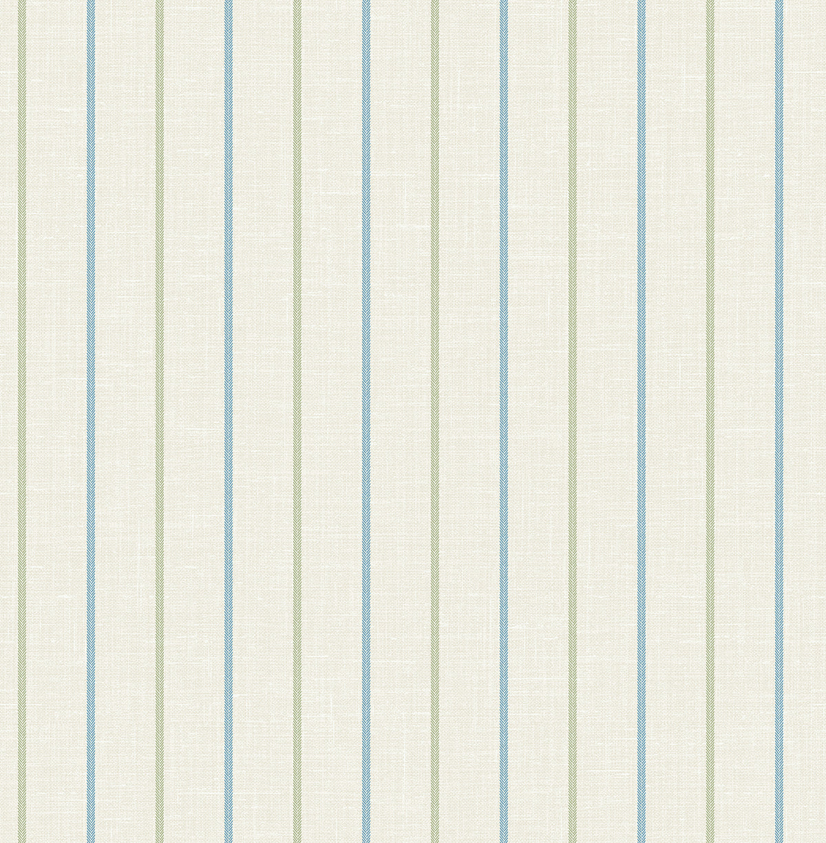 Andree Stripe wallpaper in French Blue & Pomme with narrow blue and green vertical stripes on a light textured ground.