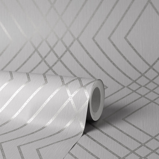 Shard Silver Trellis Wallpaper with Metallic Geometric Trellis - Fine Decor FD42603