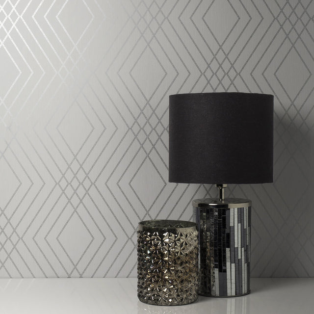 Shard Silver Trellis Wallpaper with Metallic Geometric Trellis - Fine Decor FD42603